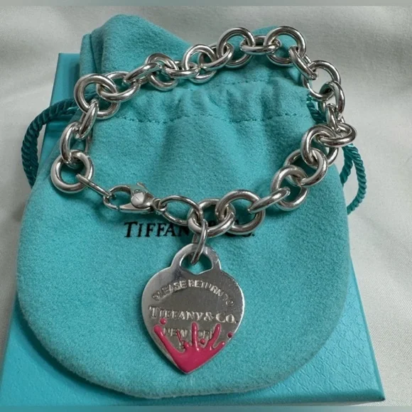 Rare Tiffany & Co. Pink Splash Return to Tiffany Heart Tag Silver Charm Bracelet - Picture 7 of 8